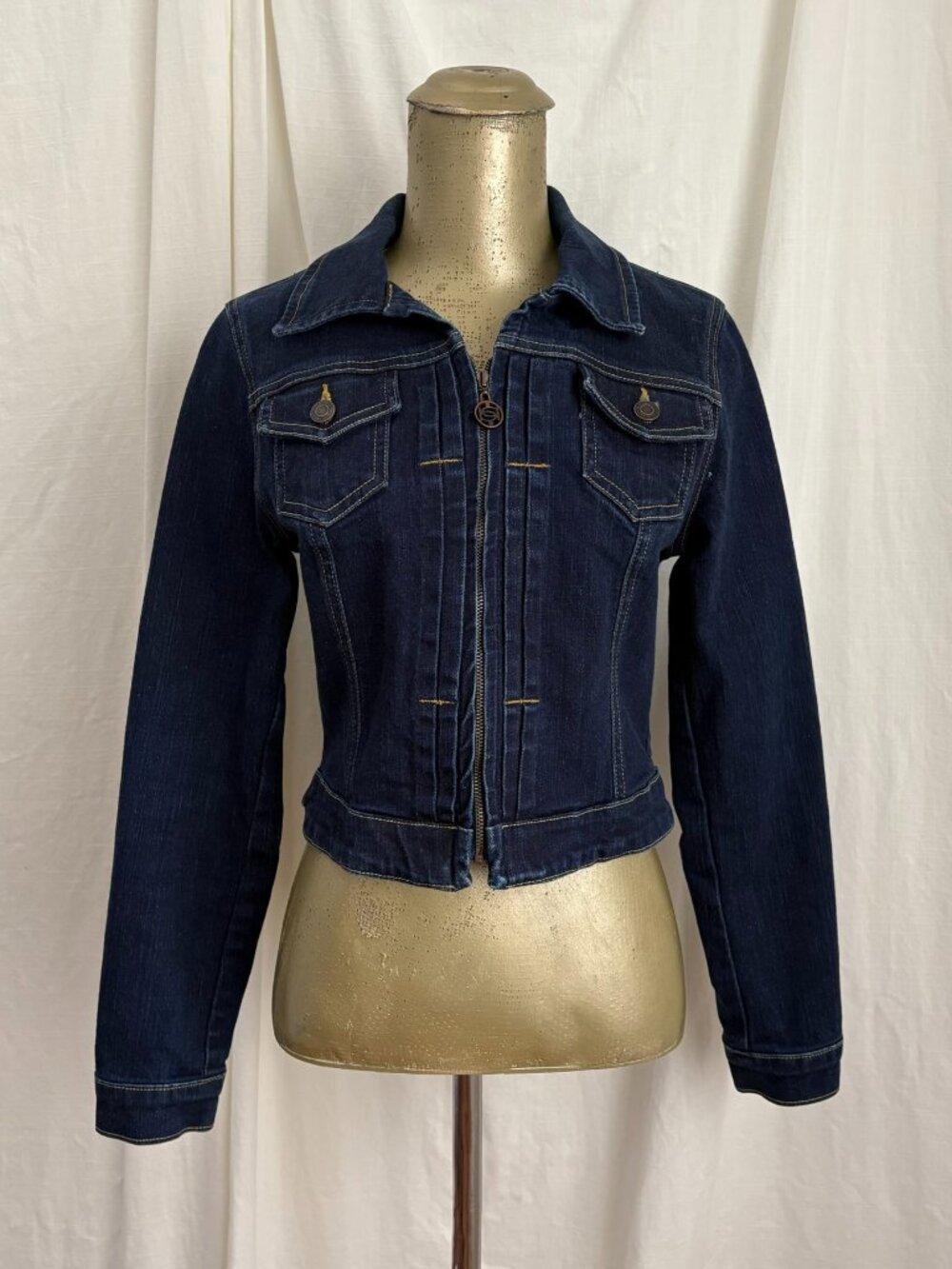 Vintage Y2K bebe Dark Blue Denim Zip Up Jacket Made in USA XS Fitted Cotton